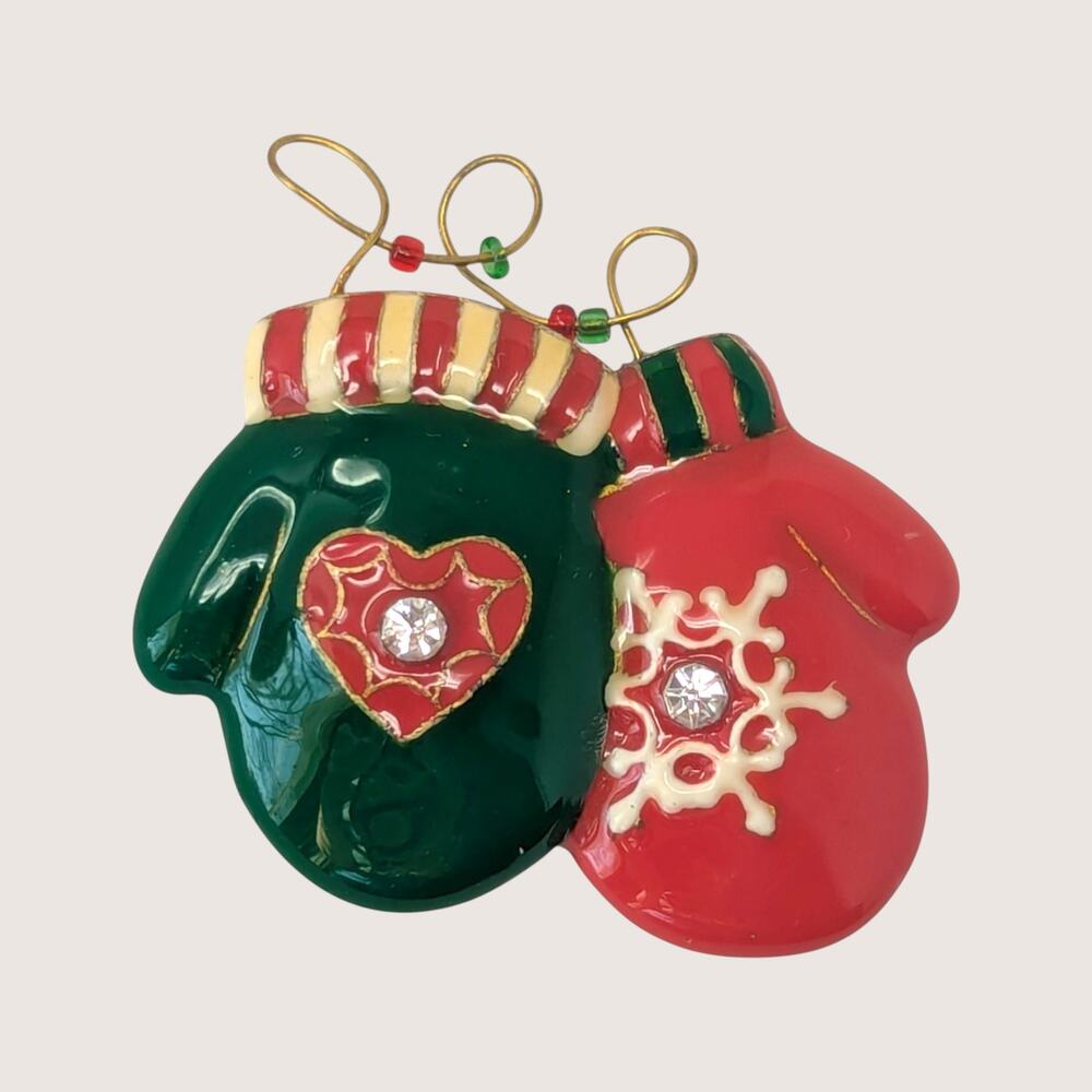 Vintage Gold Tone Enamel Christmas Mittens Brooch